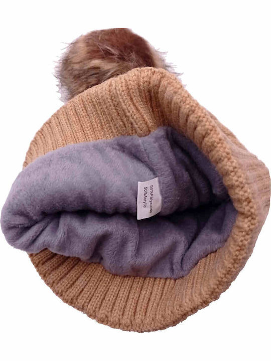 Pom Pom Beanie Frauen Beanie mit Strickmuster in Braun Farbe