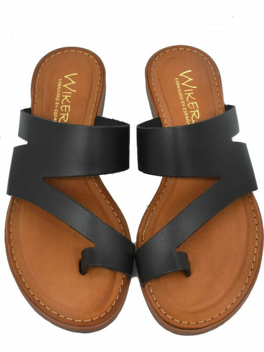 Leather Women's Flat Sandals in Black Color