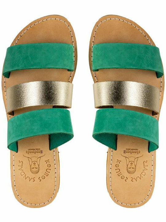 Leather Women's Flat Sandals in Green Color