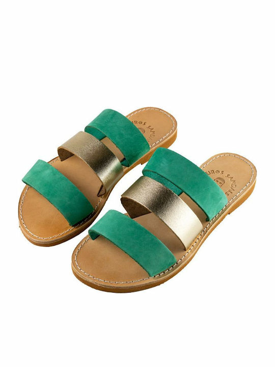 Leather Women's Flat Sandals in Green Color