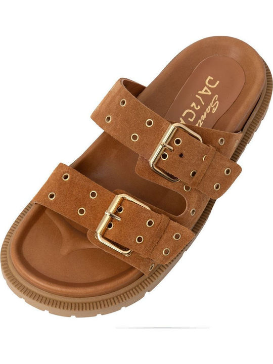 Leather Women's Flat Sandals Anatomic in Tabac Brown Color