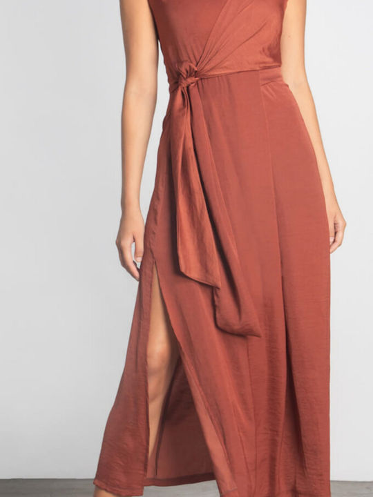 Καλοκαιρινό Midi Φόρεμα Κρουαζέ με Σκίσιμο Brown