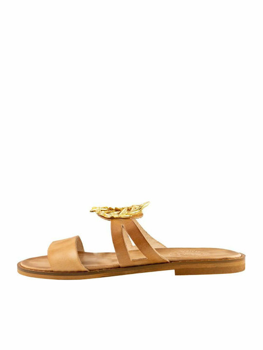 Leather Women's Flat Sandals in Beige Color