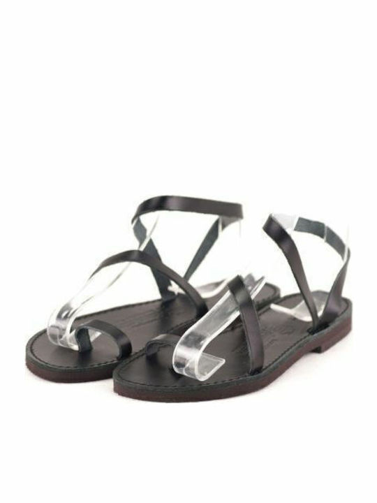 Leather Women's Flat Sandals in Black Color