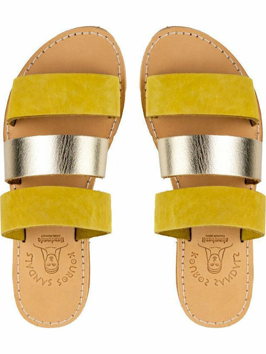 Leather Women's Flat Sandals in Yellow Color