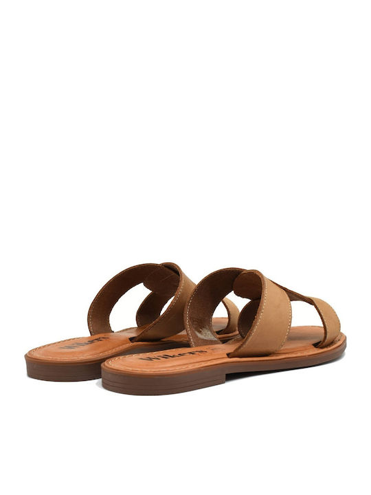 Leather Women's Flat Sandals in Tabac Brown Color