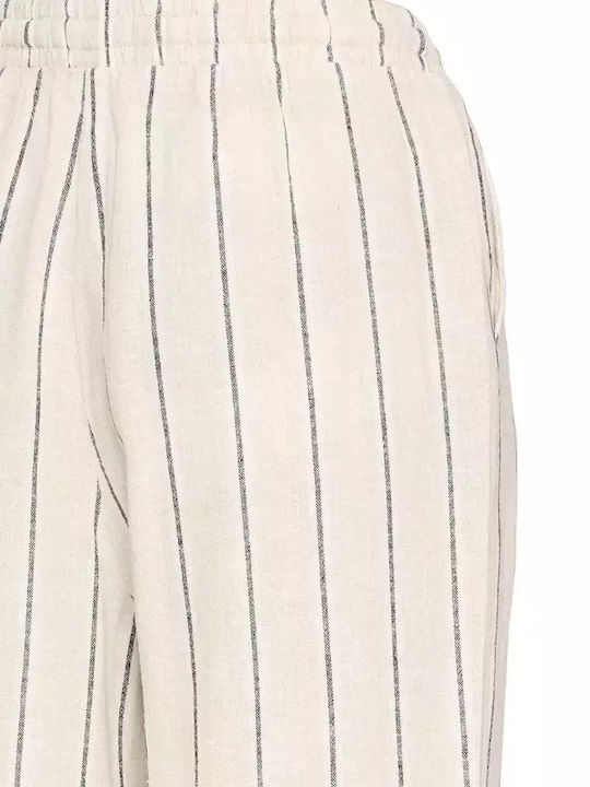 Women's Linen Trousers with Elastic Loose Fit Striped Natural Ecru