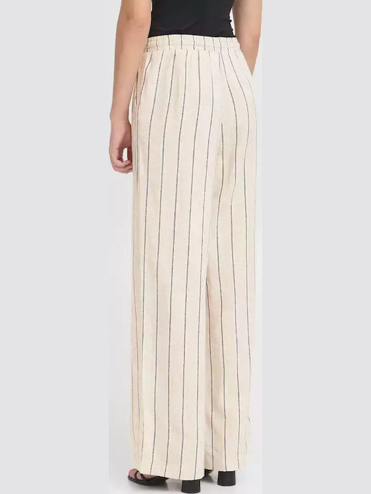Women's Linen Trousers with Elastic Loose Fit Striped Natural Ecru