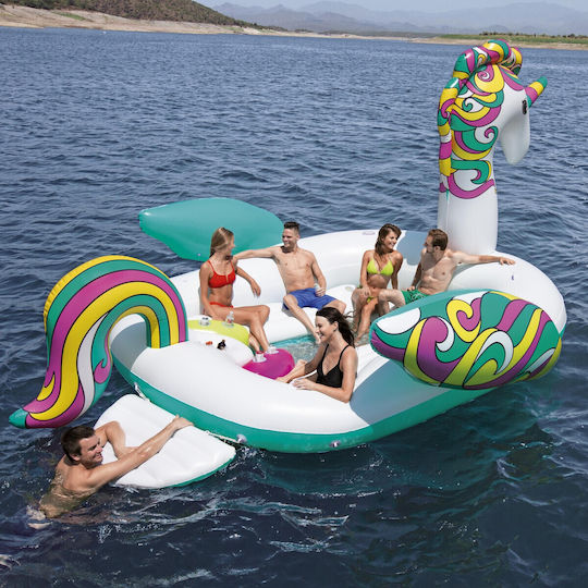 Saltea de Plajă Gonflabilă din Vinil pentru 6 Persoane în Formă de Unicorn 590 X 404 Cm Multicoloră
