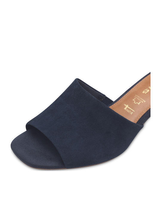 Leather Mules with Chunky Low Heel in Blue Color