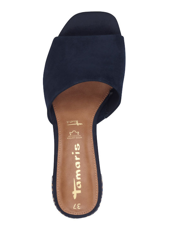 Leather Mules with Chunky Low Heel in Blue Color
