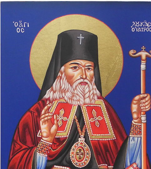 Saint Luke the Physician Wooden Icon Blue Background 24x18cm