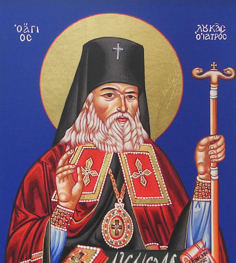 Saint Luke the Physician Wooden Icon Blue Background 24x18cm