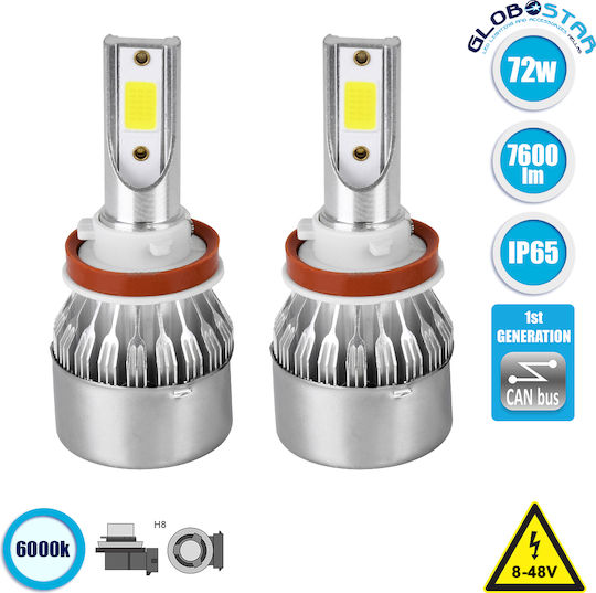 GloboStar Lamps Car C6 Line H8 Canbus LED 6000K Cold White 8-48V 72W 2pcs