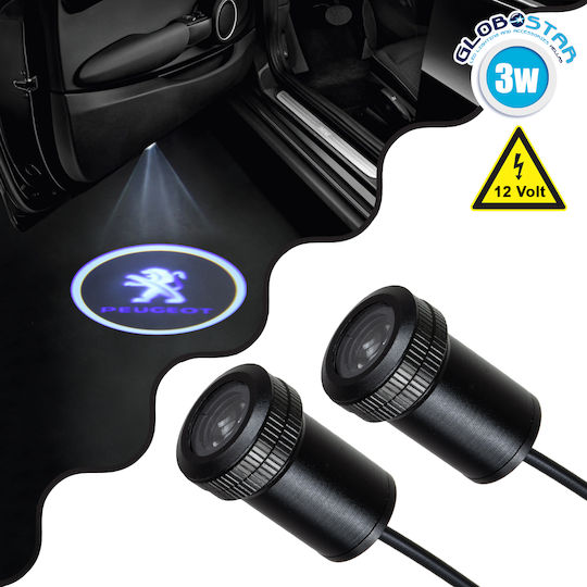 GloboStar Car Door Projectors Car Brand Projector Peugeot Led Cree XHP35 240lm 120° IP20 Cool White 6000K with Logo Peugeot