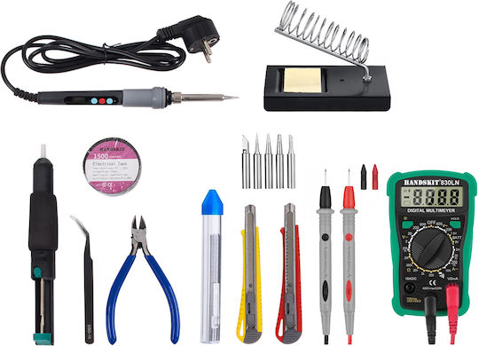 GloboStar 79978 Lötkolben Elektrisch mit Sockel, Leimtrommel, Seitenschneider, Pinzette, Stifte, Kali, Schnitte, Besteck, Servietten, tragbares Digitalmultimeter