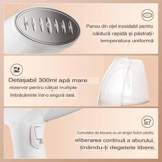 Aparat de călcat cu abur pentru haine de Mână 1500W cu rezervor 300ml Alb