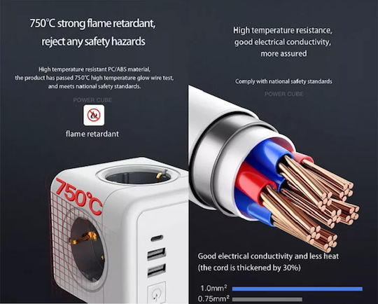 GloboStar PowerCube with Surge Protection 4 Positions with 2 USB-A and Cable 1.5m