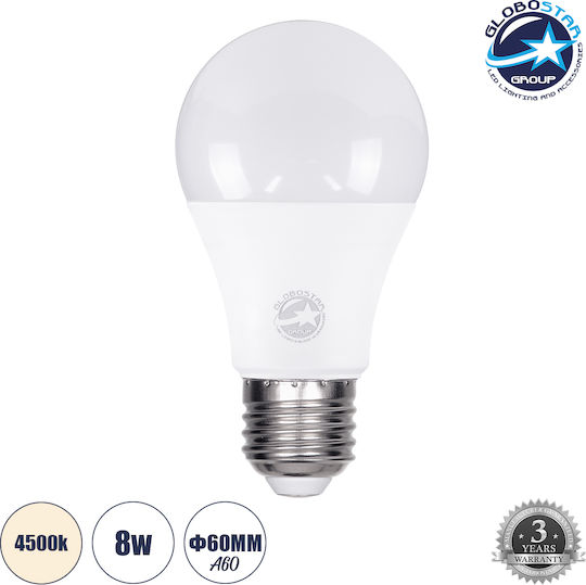 GloboStar LED-Lampe 8W für Fassung E27 und Form A60 Naturweiß 776lm