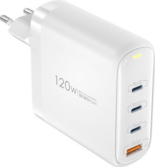 Wiwu Φορτιστής Χωρίς Καλώδιο GaN με Θύρα USB-A και 3 Θύρες USB-C 120W Λευκός (Wi-U020)
