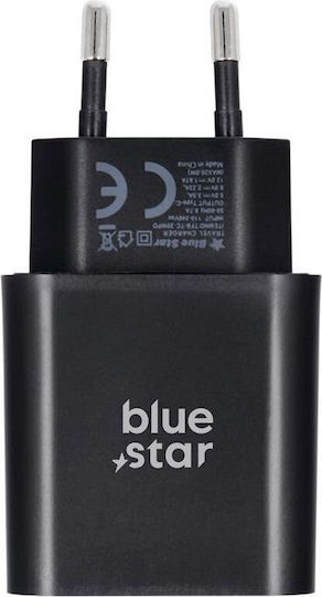 Blue Star Φορτιστής με Θύρα USB-C και Καλώδιο USB-C - USB-C 25W Power Delivery / Quick Charge 4.0 Μαύρος (TFB-TC-25WPD_CVC)