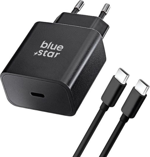 Blue Star Φορτιστής με Θύρα USB-C και Καλώδιο USB-C - USB-C 25W Power Delivery / Quick Charge 4.0 Μαύρος (TFB-TC-25WPD_CVC)
