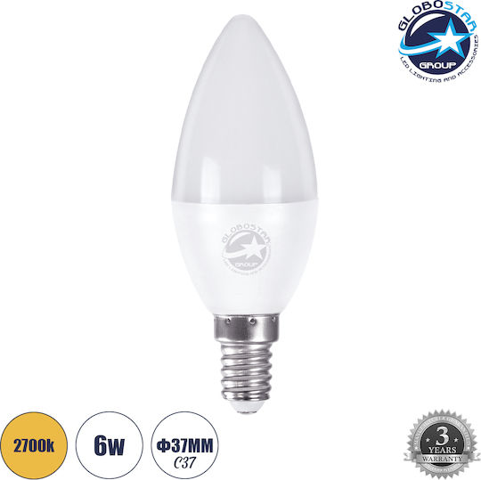 GloboStar Λάμπα LED 6W 100mm για Ντουί E14 και Σχήμα C37 Θερμό Λευκό 660lm