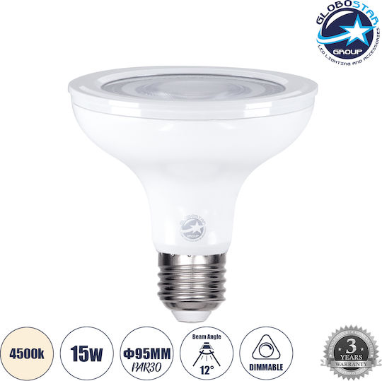 GloboStar LED крушка 15W 95mm за фасунга E27 и форма PAR30 Неутрално бяло 1455лм Димируем