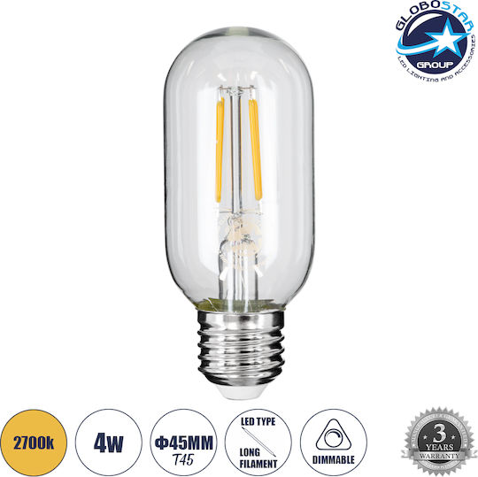 GloboStar Edison Retro LED-Lampe 4W 110mm für Fassung E27 und Form T45 Warmes Weiß 440lm Dimmbar