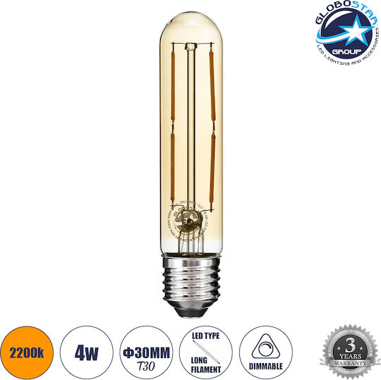GloboStar Λάμπα LED 4W 135mm για Ντουί E27 και Σχήμα T30 Θερμό Λευκό 360lm Dimmable