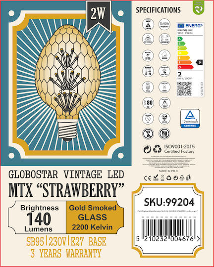GloboStar LED крушка 3W 170mm за фасунга E27 Топло бяло 300лм