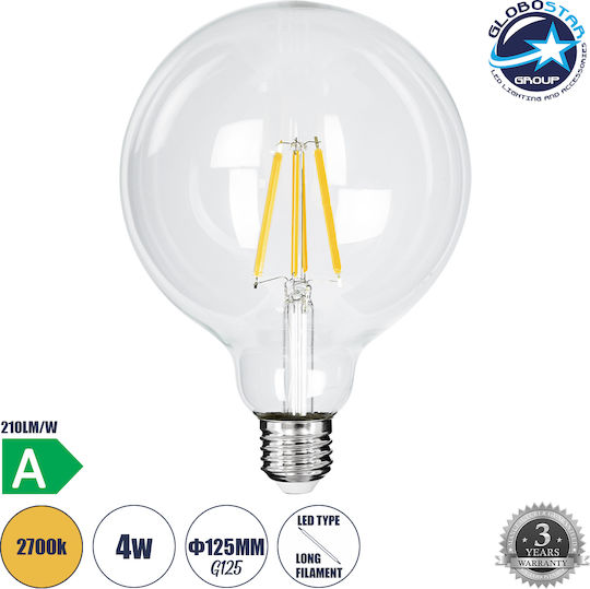 GloboStar LED крушка 4W 138mm за фасунга E27 и форма G125 Топло бяло 840лм Димируем