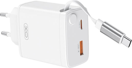 XO Ladegerät mit integriertem Kabel mit USB-A Anschluss und USB-C Anschluss USB-C 30W Stromlieferung Weißs (CE31)