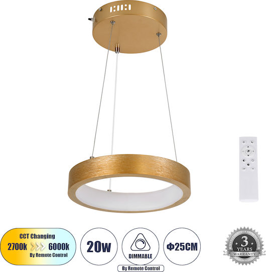 GloboStar Nemesis Κρεμαστό Φωτιστικό Χρυσό LED με Ρυθμιζόμενο Λευκό Φως 31x31εκ.