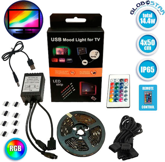 GloboStar Αδιάβροχη Ταινία LED Τηλεόρασης USB 5V RGB Φως 4x50cm Τύπου SMD5050 με Τροφοδοτικό & Τηλεχειριστήριο