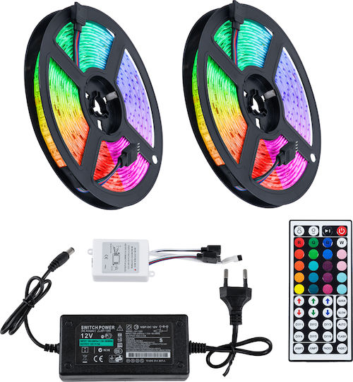 GloboStar Αδιάβροχη Ταινία LED 12V RGB Φως 2x5m Τύπου SMD5050 με Τροφοδοτικό & Τηλεχειριστήριο