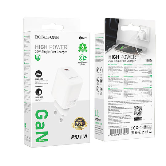 Borofone Charger Without Cable with USB-C Port 20W Power Delivery / Quick Charge 3.0 Whites (BN26 Fuente)