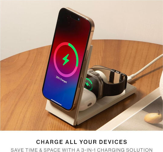 Native Union Безжично зарядно Qi2 и кабел USB-C 15W Сив (Rise 3-in-1)