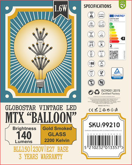 GloboStar LED Bulb 3W 195mm for Socket E27 Warm White 300lm