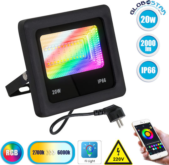 GloboStar Αδιάβροχος LED Προβολέας 20W Топло бяло 3000К WiFi IP66