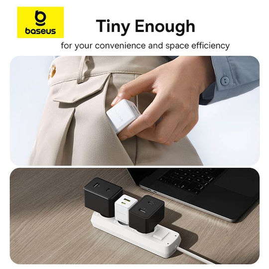 Baseus Mobile Phone Charger With USB-A Output Port And USB-C Output Port And USB-C - USB-C Cable 20W Quick Charge 3.0 White Palm