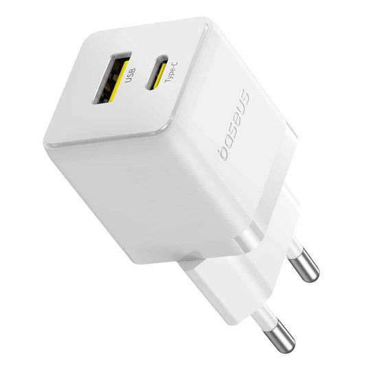 Baseus Mobile Phone Charger With USB-A Output Port And USB-C Output Port And USB-C - USB-C Cable 20W Quick Charge 3.0 White Palm