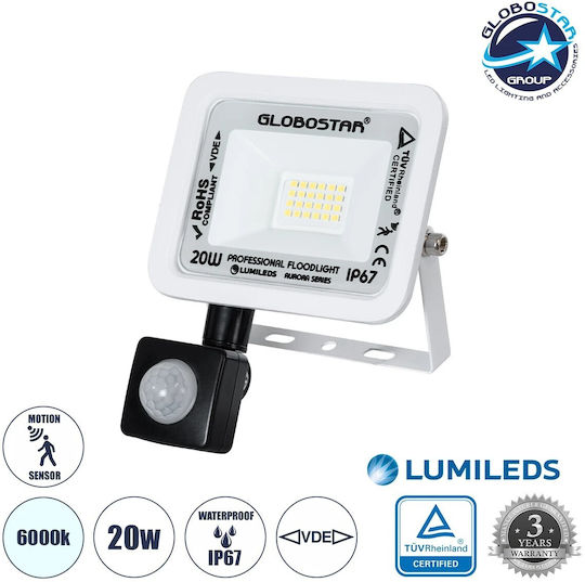 GloboStar Aurora Waterproof LED Flood Light 20W Cold White 6000K with Motion Sensor IP67