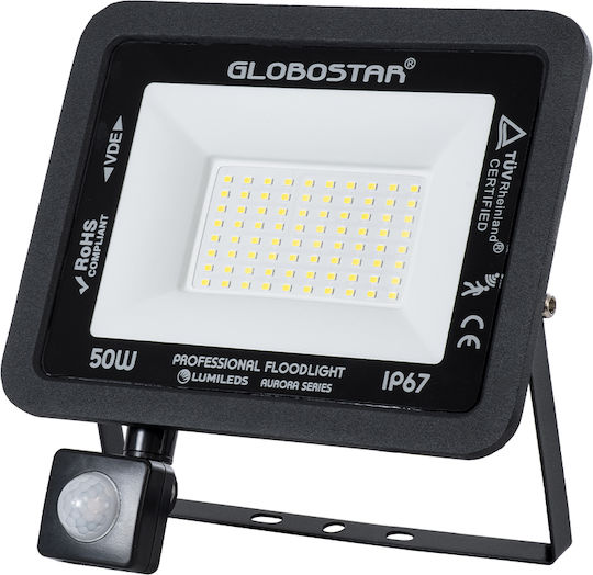 GloboStar Atlas Waterproof LED Floodlight 50W Cold White 6000K with Motion Sensor IP67
