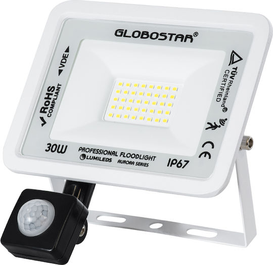 GloboStar Aurora Στεγανός Προβολέας LED 30W Ψυχρό Λευκό 6000K με Αισθητήρα Κίνησης IP67