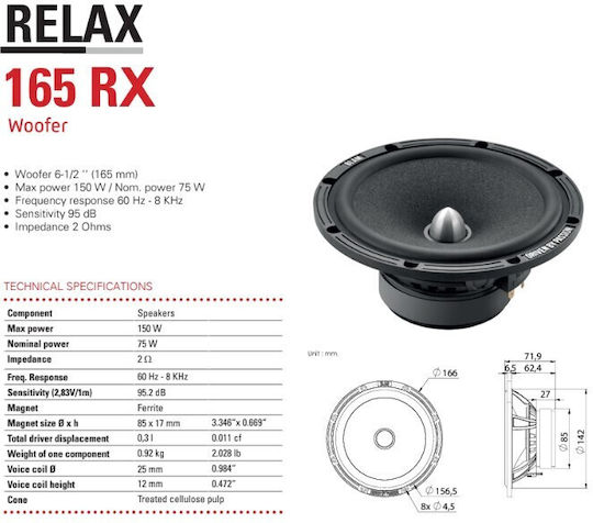 Blam 165 Rx Σετ Ηχεία Αυτοκινήτου Διαιρούμενα 6.5" με 75W RMS (Woofer)