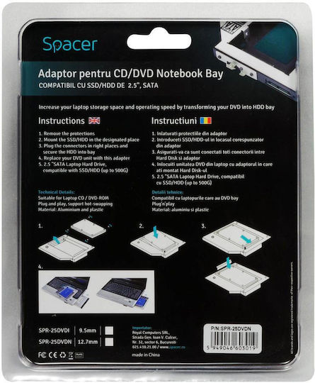 Einbaurahmen Interner Spacer Spr-25dvdn Caddy 12,7mm 5,25" 2,5" PC SATA Schnittstelle Schwarz