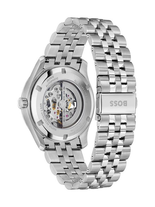 Boss Skeleton Ανδρικό Ρολόι 41mm Χρονογράφος Αυτόματο με Ασημί Μεταλλικό Μπρασελέ