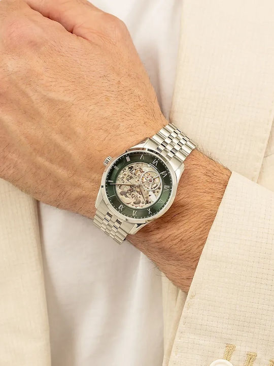 Boss Skeleton Ανδρικό Ρολόι 41mm Χρονογράφος Αυτόματο με Ασημί Μεταλλικό Μπρασελέ