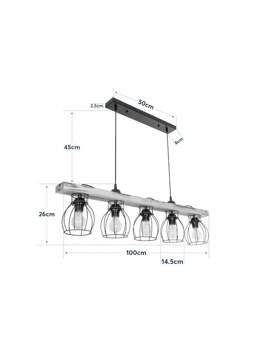 GloboStar Barista Pendant Light Black Rail for 5 Bulbs E27 100x14.5x26cm